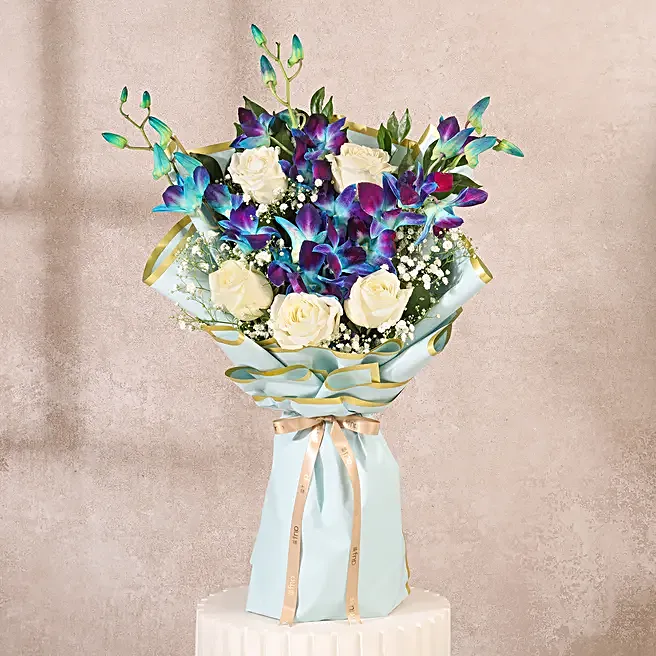 Blue Orchid n White Rose Hand-Tied Bouquet